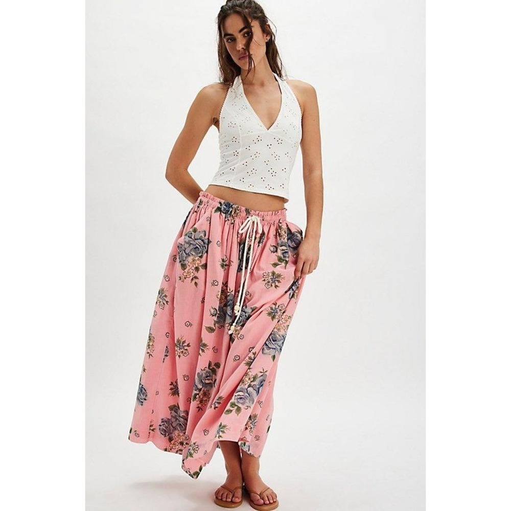 Free People Maxi Skirt S Pink Floral Cotton Bohemian Prairie Peasant Feminine